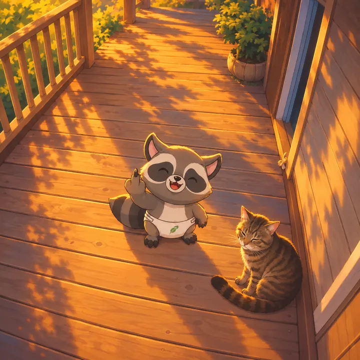 COON sitting on a wooden porch next to a cat
